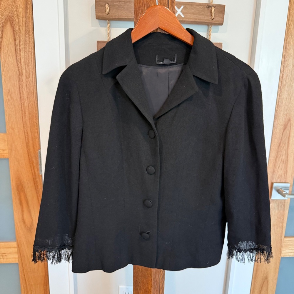 Vintage Juliana Collezione Black Wool Basketweave Blazer Fringe Cuff EUC